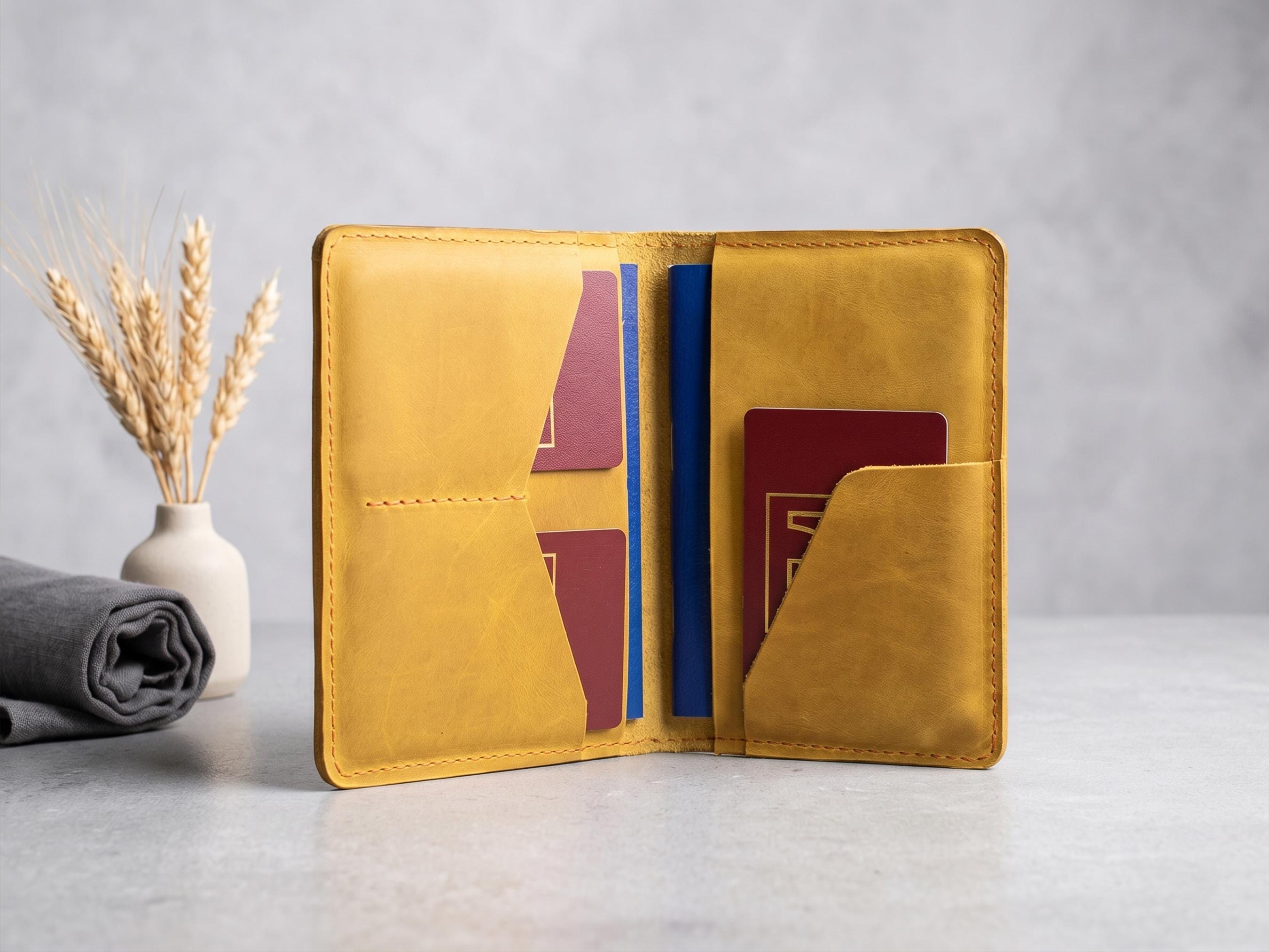 Red Leather Double Passport Holder - Dual Travel Wallet Case for
