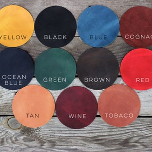 May include: Leather swatches in various colors, including yellow, black, blue, cognac, ocean blue, green, brown, red, tan, wine, and tobacco.