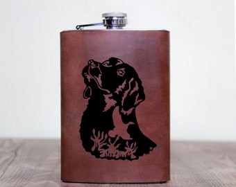 Hunter and His Dog Silhouette 8 oz Stainless Steel Flask, Imitation Wood Fake Leather Gift