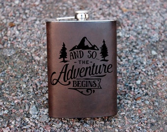 And so the adventure begins flask,Personalized gift,Traveler gift,Father day gift,Leather flask,hip flask leather,Custom flask for him