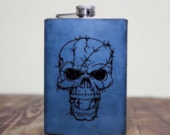 Dead Skull - leather custom wrapped 9 oz flask / Skull Groomsmen gift / Gift for Biker / Travel flask / Mens Leather Biker Flask