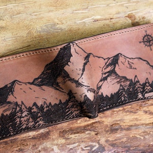 Cartera de cuero para hombres, billetera grabada, billetera para hombres, billetera de montaña, billetera de cuero, billetera delgada, regalo del esposo, regalo del día del padre, regalo del novio