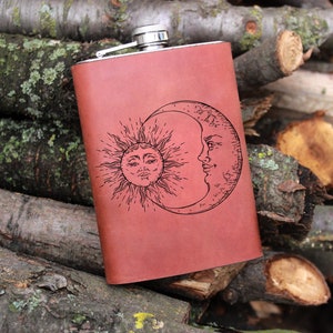 Sun and moon flask,Flask gift,Leather Flasks,Engraved flask, Leather Wrapped Flask Groom Gift Personalized Flask Engraved GIFT Flask