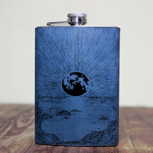 Gift for woman, engraved flask, girlfriend gift, moon, Leather flask, moon face, flask for woman, flask for men, travel gift, birthday gift
