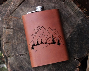 Mountain Range with Personalized Custom Name or text Engraved Stainless Steel 9 oz Travel Flask,Bridesmaid Groomsman 21st Birthday