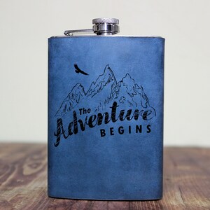 Adventure begins  9oz Travel Flask Leather Wrapped Flask Groomsman Gift Personalized Flask Engraved Steel Flask Wedding Flask Husb