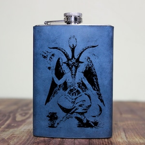 PENTAGRAM OF BAPHOMET - leather custom flask, Best gift for Satanic, Gift for Goth&lt; Gift for Biker