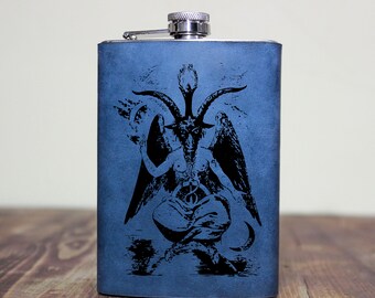 PENTAGRAM OF BAPHOMET - leather custom flask, Best gift for Satanic, Gift for Goth< Gift for Biker