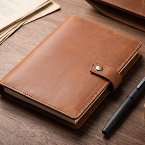 May include: A brown leather journal with a strap closure and a brass button. A black pen and a small brass weight are next to the journal on a wooden surface. A stack of aged paper is in the background.