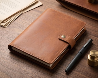 Funda de cuero personalizada para libreta A5 con tarjetero y portalápices