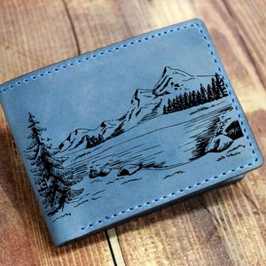 Billetera de montaña / billetera de hombres / billetera hecha a mano de cuero / billetera de árbol forestal / billetera personalizada / regalos de novio / regalo de cumpleaños / regalos de papá / regalo para él