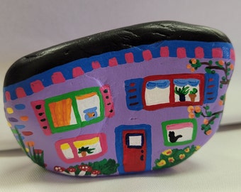 Painted Rock Fairy House Purple, Red Wagon with Flowers, Fun, Unique, Perfect Gift!!