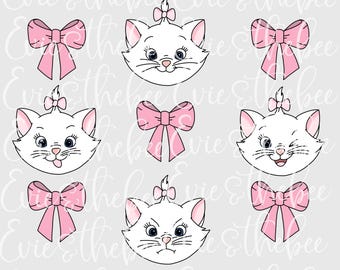 May include: A repeating pattern of white cat faces with pink bows and pink bows. The cat faces have blue eyes and are in various expressions. The bows are a solid pink color. The background is a light gray.