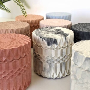 CRYSTAL Concrete Container Pot | 23 Colours | Concrete Jar With Lid | Cut Glass Effect | Mandala Eco Cotton Pad Storage | Art Deco Storage