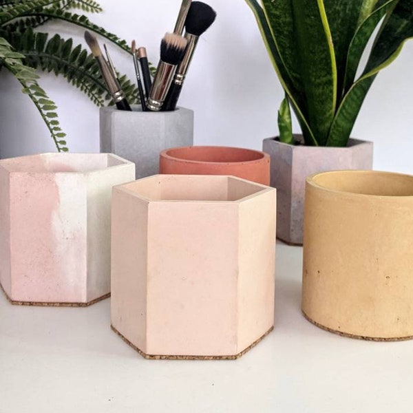 HEX Concrete Pot | 23 Colours | Minimalist Desk Storage Pen Pencil Organiser | Geometric Concrete Homeware | Makeup Vanity Brush Holder