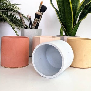 May include: Set of six concrete planters in various colours, including light blue, pink, beige, and terracotta. The planters are cylindrical and have a smooth, matte finish.