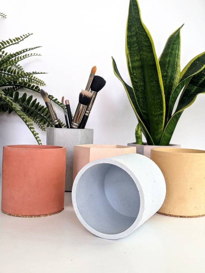 CYLINDER Concrete Pot 23 Colours Makeup Brush Storage Minimalist Desk Pen Tidy Toothbrush Holder Cactus Pot Artist Brush Holder image 1