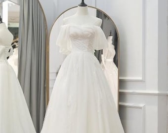 Off the shoulder simple lace up wedding gown, A-Line wedding dress, Custom size Bridal robe