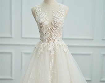 Boho Lace wedding dress, A-Line wedding gown, Customize bridal robe with Trail