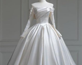 Long sleeve off shoulder satin wedding gown with cathedral train, Customized wedding dress,