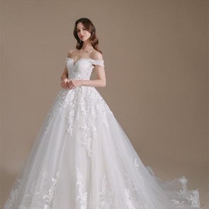 Princess wedding gown, Luxury bridal gown, Off the shoulder Floral wedding dress