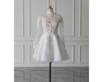 Short lace wedding dress, Rehearsal dinner dress, Mini wedding dress, Elopement wedding dress