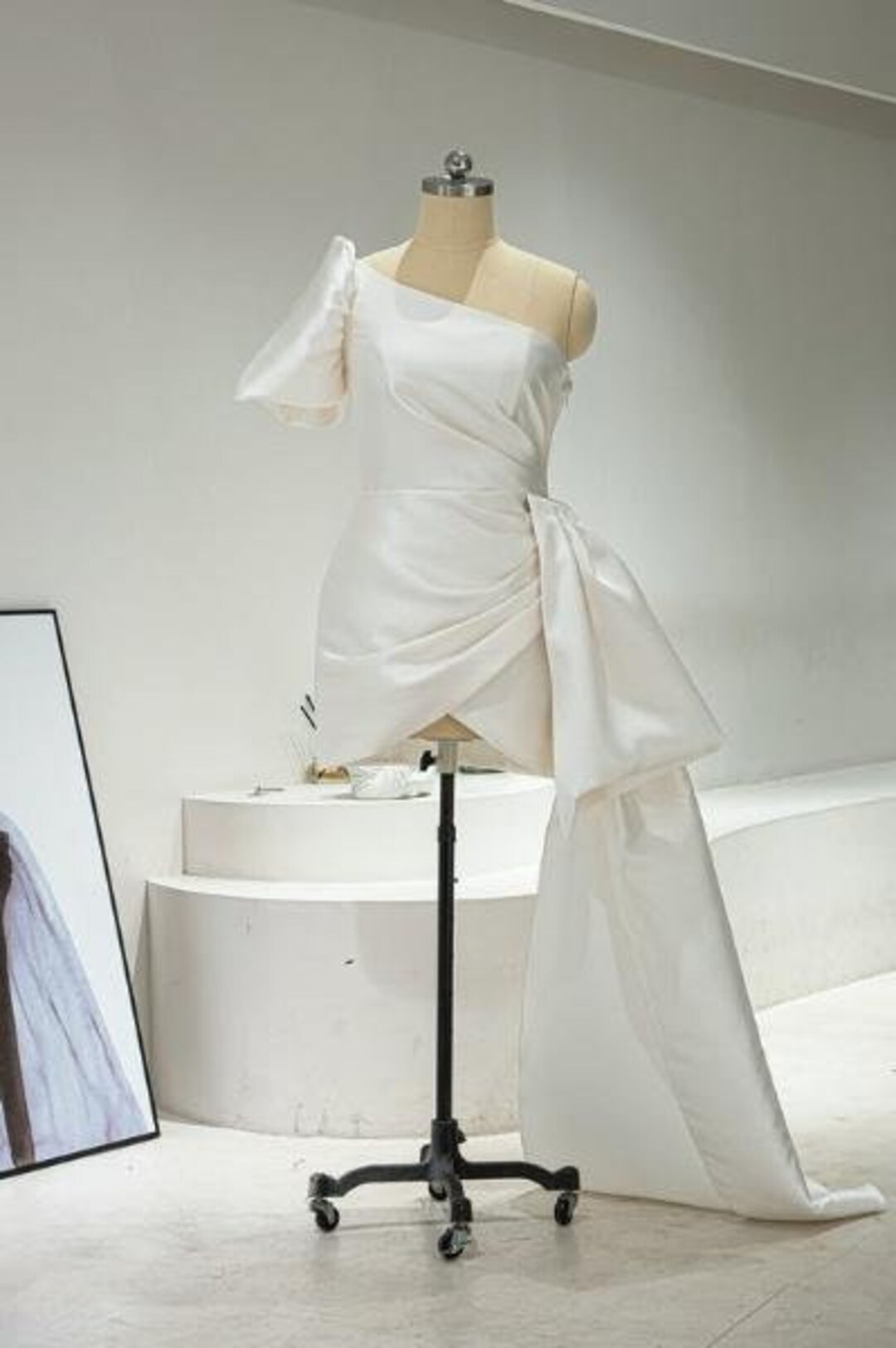 one shoulder short white wedding dress Unique One Shoulder Ruffles White Boho Wedding Dress Simple Beach Bridal Gown QW2349 US6 / Ivory