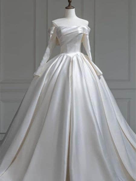 Long sleeve off shoulder satin wedding gown with cathedral train, Customized wedding dress,