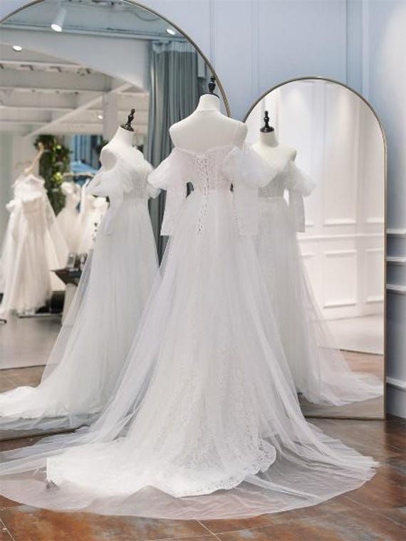 Deep v neck lace wedding dress with off the shoulder style, Bridal gown with trail, Boho wedding gown