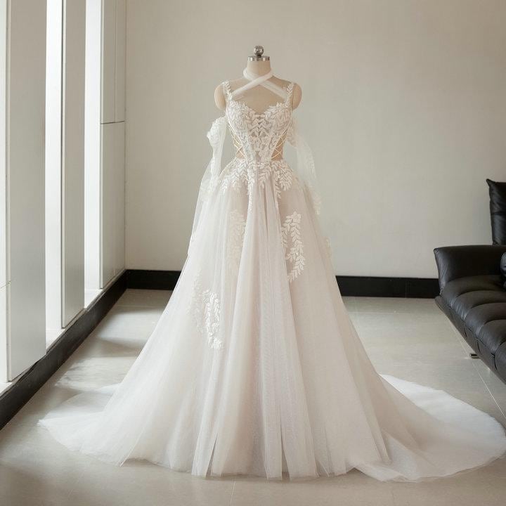 halter tulle wedding dress A Line Delicated Lace Tulle Wedding Dresses See Through Halter Neck Bridal Dress AWD1906
