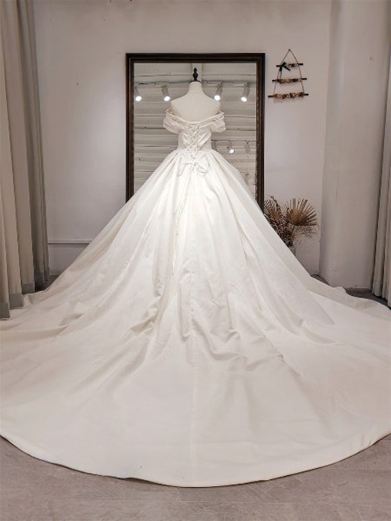 dress with long trail Simple wedding dress with Long trail, Off shoulder Satin bridal gown, Customized Lace back up wedding gown