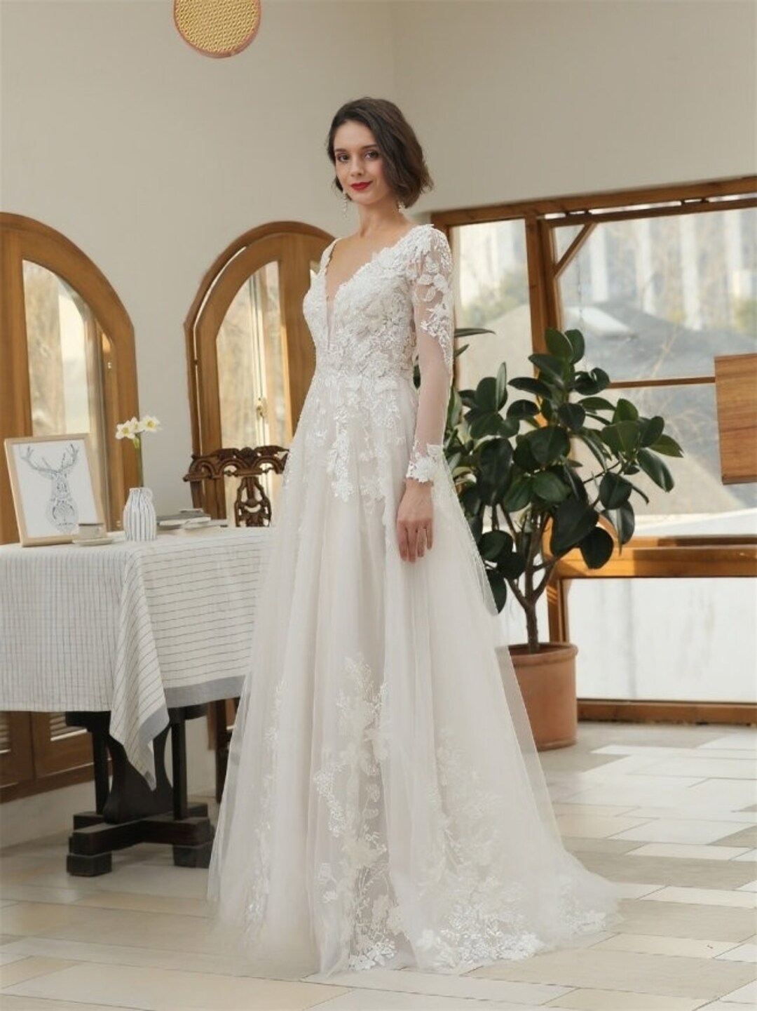 Long Sleeves A-line Wedding Dress, Open Back Lace Bridal Robe