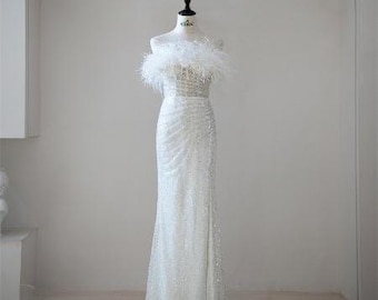 Feather wedding dress, Modern bridal gown with sequin, Strapless bridal robe