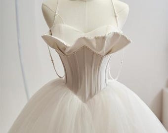 Vestido de novia de perlas, vestido de novia de novia con escote corazón, vestido de novia de lujo