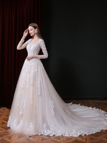 a line princess dresses wedding Long Sleeves Princess Wedding Dress, A-line Tulle Bridal Skirt, Lace  Applique Wedding Gown