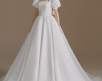 Long Organza wedding dress with bow, A-Line Bridal gown,Simple wedding gown, Church wedding dress