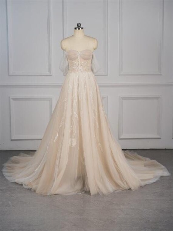 Off the Shoulder Champagne Wedding Dress With Beading and Sequin, Elegant Bridal  Gown With Trail, Gorgeous A-line Dress for Bride