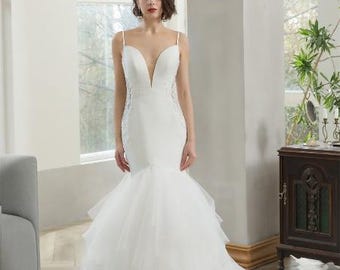 Mermaid frill wedding dress, Custom wedding gown, Tulle bridal gown