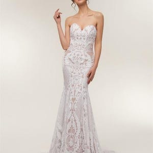 Boho lace mermaid wedding dress, Strap less bridal robe, Romantic bridal gown, Sexy wedding gown