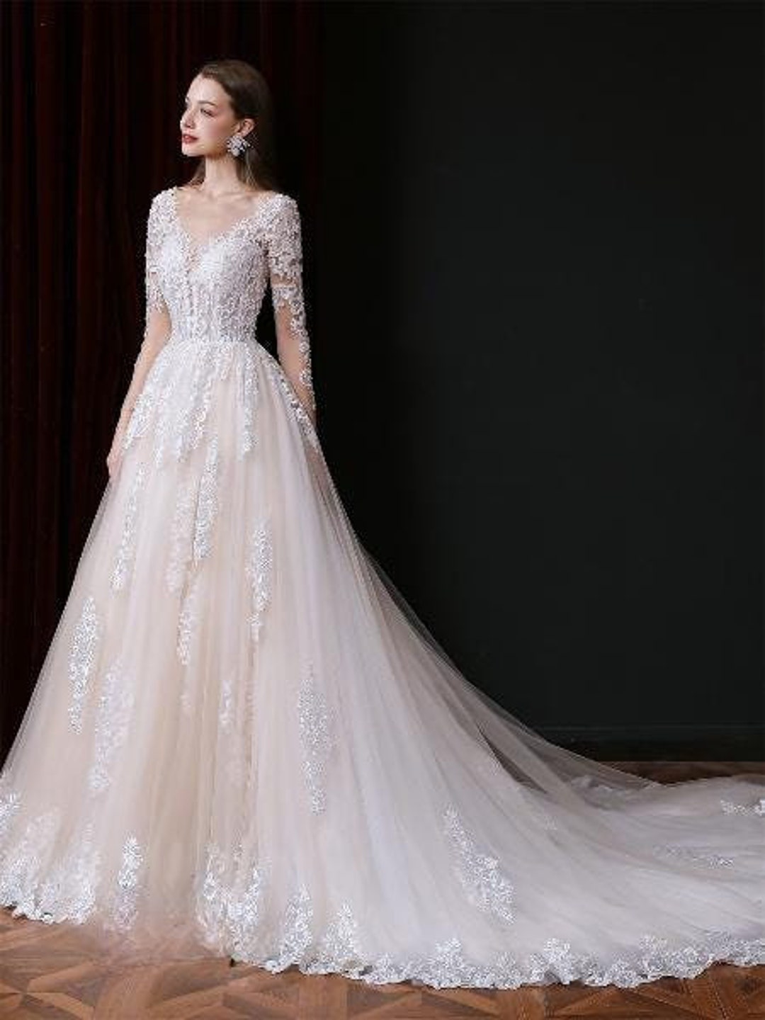 Long Sleeves Princess Wedding Dress, A-line Tulle Bridal Skirt, Lace ...