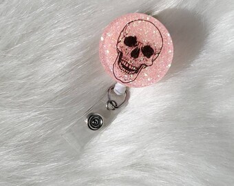 Skull badge reel, glitter badge reel, nurse badge reel, retractable badge holder, X-ray badge reel, punk badge holder, rad tech badge reel