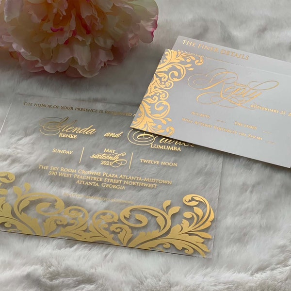 Gold Foil Acrylic Invitations, Acrylic wedding Invitations, Gold and White invitation, Luxury Invitations, Foiled Acrylic Wedding Invitation