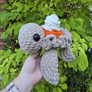 May include: A handmade crochet turtle in shades of beige, orange, and white. The turtle has a textured, plush appearance with a large black eye and a white swirl on its back. The turtle is held against a backdrop of green foliage.