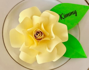 Easter Place Cards, Rose Name Place Card Settings, Yellow Flower Place Card Setting,  Paper Flower Name Card. (Set of 4)