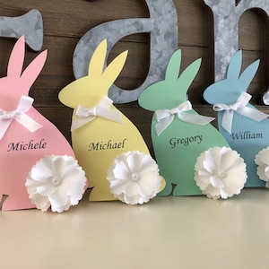 Easter Bunny Place Cards, White Flower Place Card, Easter Table Place Cards, Pastel Bunny Escort Cards. (Set of 4)