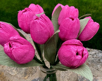 Peony Pink Handmade Tulip Bouquet, Single Color Flower Arrangement, Crepe Paper Flowers, Happy Birthday Gift. (Bunch of 6)