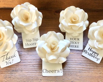 Shimmer White Paper Rose Gift Wine Bottle Decor, Birthday Gift Tags, Baby Shower Tags, and Custom Bottle Tags.  (Set of 5).