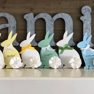 Beautifully handcrafted Easter Bunny Place Cards for your table setting. These table place cards can be personalized with your guests names. Great for Easter Holiday, an upcoming baby shower celebration or a child’s Happy “Bunny” birthday party.
