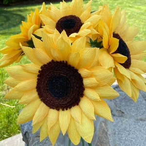 Crepe Paper Sunflowers, Birthday Gift, Mothers Day Bouquet, Yellow Crepe Paper Flowers. 3 Large Blooms. image 7