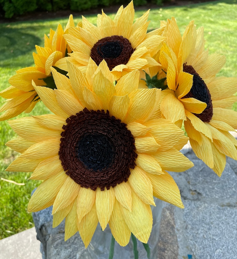 Crepe Paper Sunflowers, Birthday Gift, Mothers Day Bouquet, Yellow Crepe Paper Flowers. 3 Large Blooms. image 7